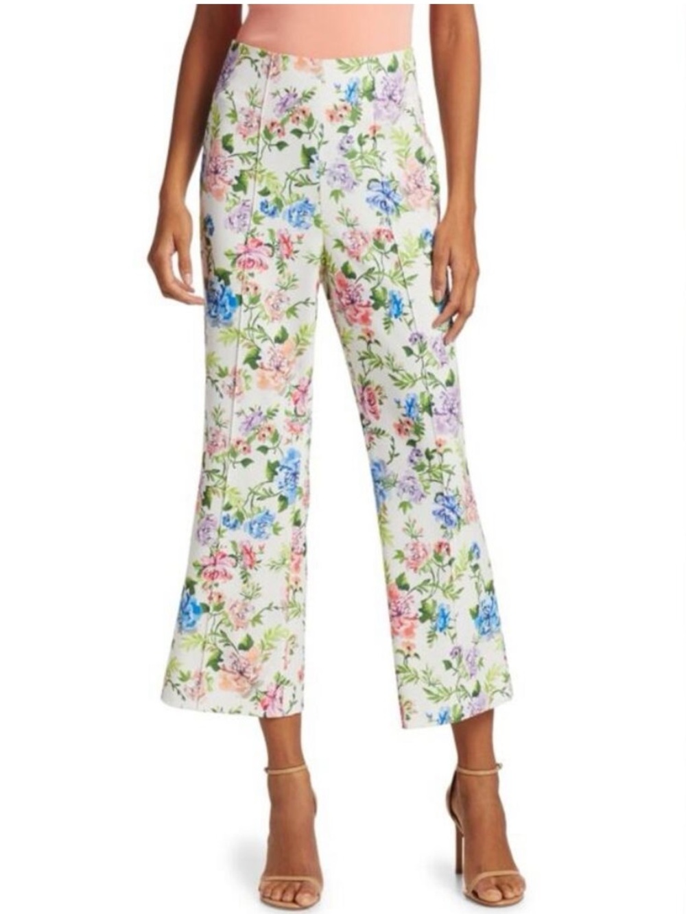 Alice + Olivia Lorinda White Wide-Leg Crop Pants with Floral Print